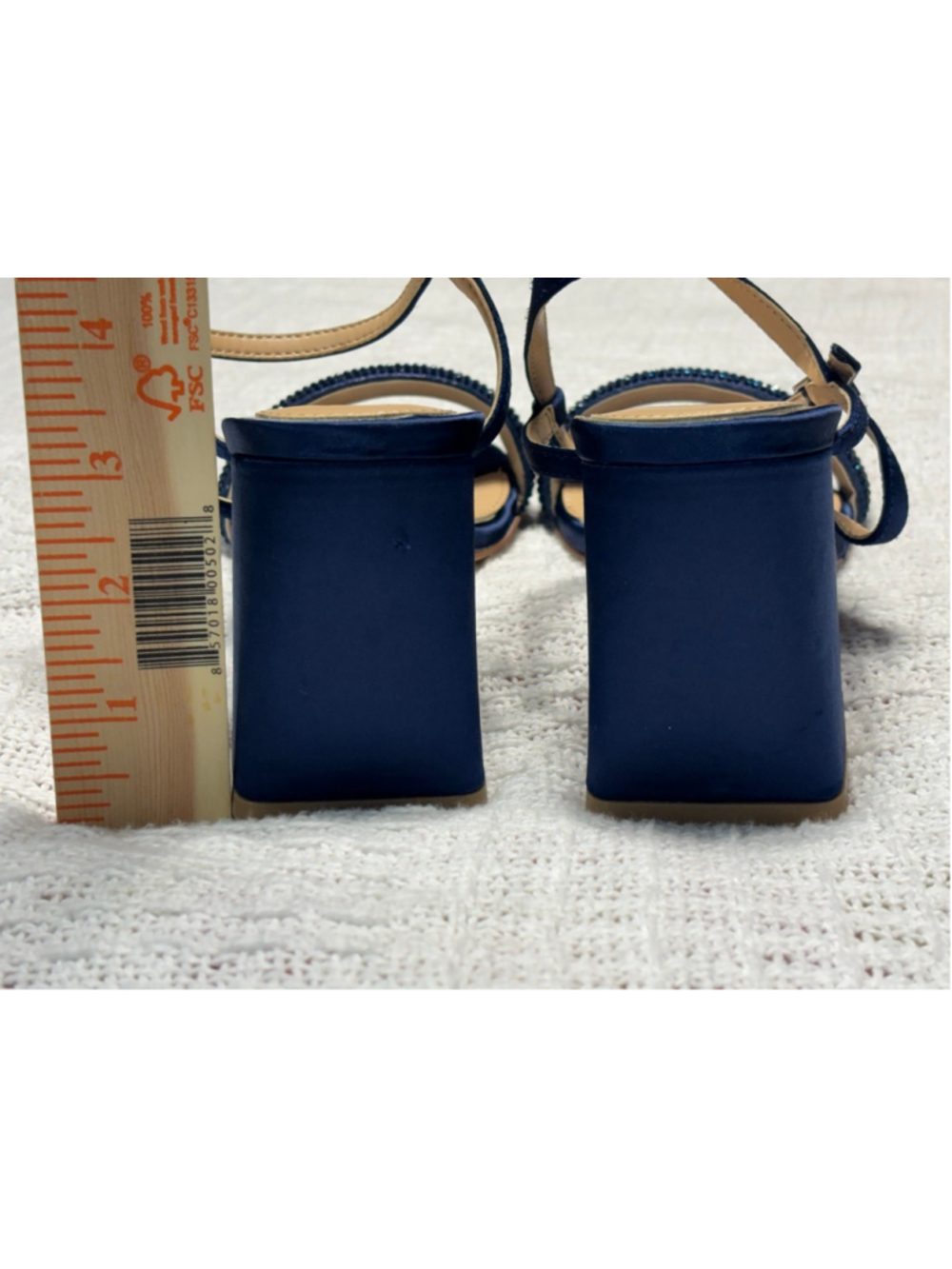 Jewel Badgley Mischka Strappy Navy Satin Rhinestone Block Heel SZ 7 Formal Party - Picture 10 of 11
